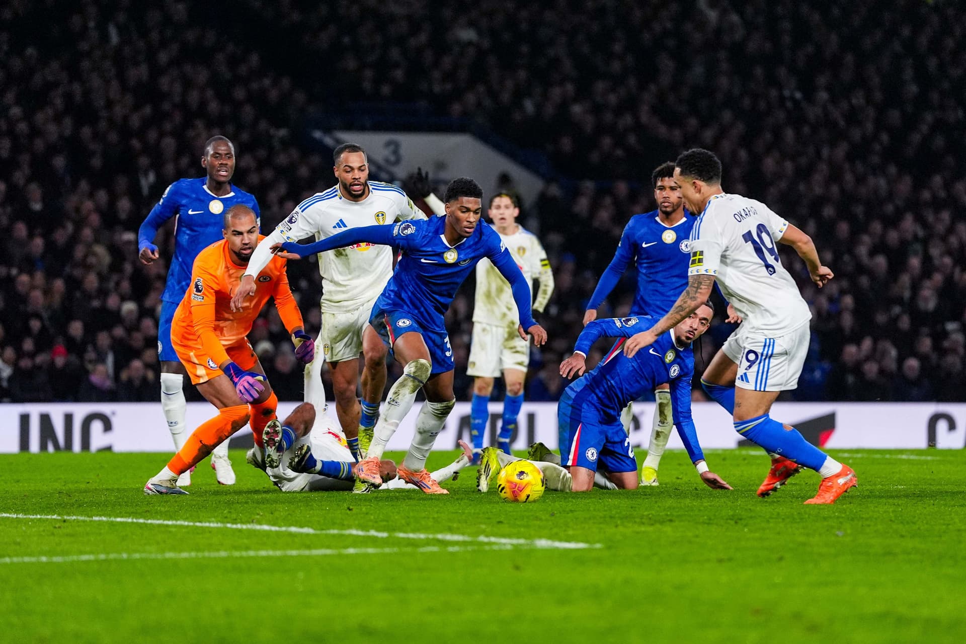 Noah Okafor of Leeds United scores Leeds United's second goal during the Premier League match